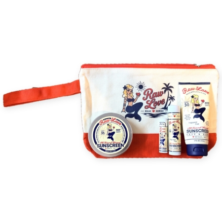 Raw Love mineral sunscreen gift set with zipper bag